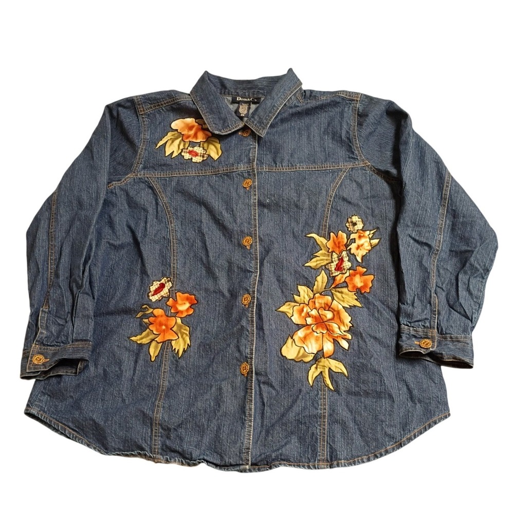 Denim & Co Floral Applique Shirt Womens 2X Blue Embroidered Button Down